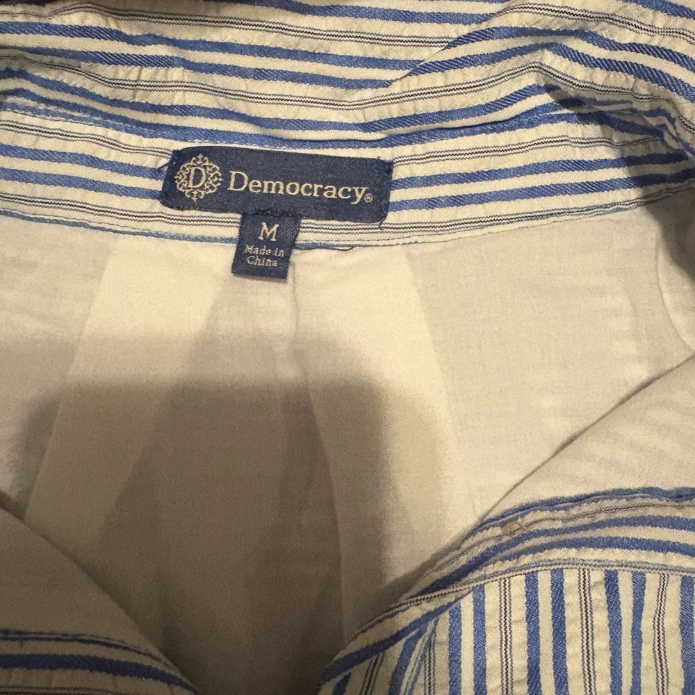 Democracy Three Quarter Tucked Sleeve Button Down Spliced Stripe Woven Shirt - Picture 7 of 8